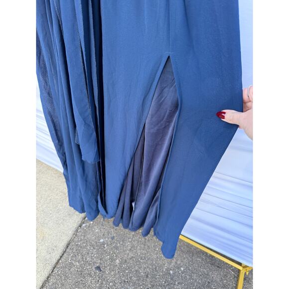 Baltic Born Navy Kristina Ruffle Short Sleeve Front Slit Belt Maxi Dress Sz 2X - Picture 6 of 9